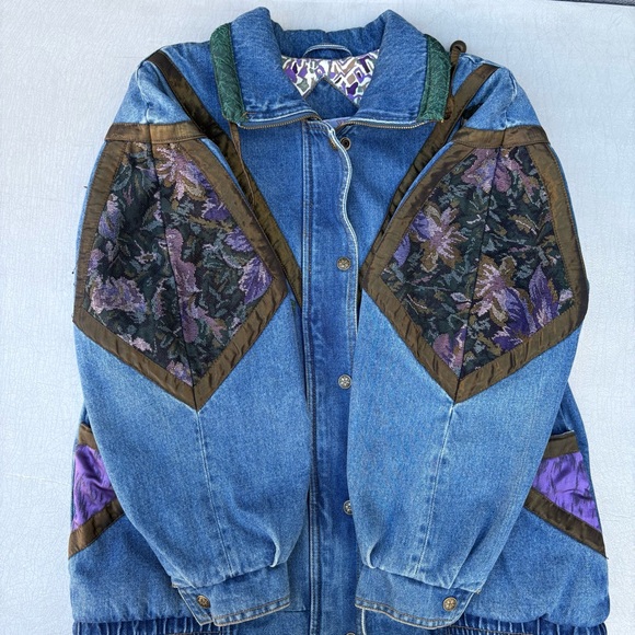 Vintage 80s 90s Current Seen Patchwork Floral Tapestry Blue Denim Jean Jacket - Picture 3 of 15